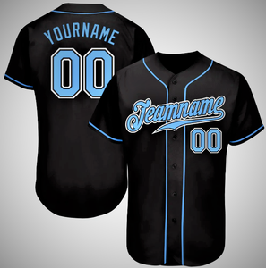 Maillot de baseball personnalisé 100% coton antibactérien noir bleu clair boutonné devant avec nom de l'équipe numéro du joueur manches courtes - Product Image 2