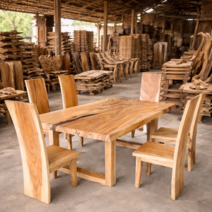 Juego de Mesa de Comedor Rectangular de Madera de Suar Dhifa con Sillas de Comedor de Madera Maciza con Borde Natural, Muebles de Madera Maciza para Uso en Hoteles y Restaurantes - Product Image 2