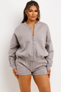 Conjunto Deportivo de 2 Piezas para Mujer, Color Gris, Sudadera Corta con Cremallera, Pantalones Cortos, Manga Larga, Estilo Casual para Primavera, Color Sólido, Bolsillos Laterales - Product Image 4