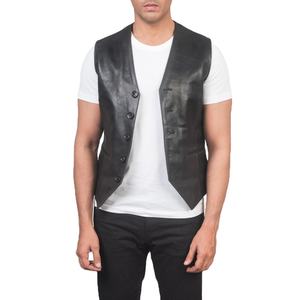 Gilet en cuir de vache véritable noir avec doublure en polyester matelassée, fermeture à 5 boutons sur le devant, respirant, style vintage d'automne pour hommes - Product Image 1