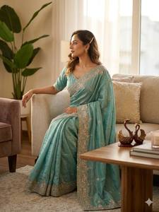 Ensemble de sari en soie vert marine de luxe avec bordure brodée de sequins et de zari, idéal pour les mariages indiens et pakistanais, et les fêtes, avec un blouz assorti. - Product Image 2