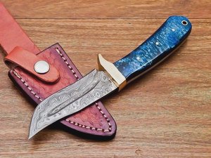Drop Point Skinner Knife Damascus Steel Blade 0.6mm Blue Handle <b>Leather</b> Sheath Outdoor <b>Tool</b> - Product Image 5