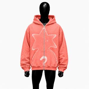 Sudadera con capucha y cremallera completa, rosa coral, con estampado de estrellas, estilo oversize, streetwear unisex, vintage, con efecto desgastado, informal. - Product Image 1