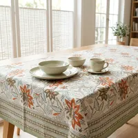 Nappe carrée en coton imprimé floral, style pastoral, lavable, décoration intérieure, motif estampé à la main
