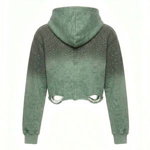 เสื้อฮู้ดดี้โอเวอร์ไซส์ผู้หญิง ผ้าฝ้ายออร์แกนิค 100% ตกแต่งด้วยคริสตัล ทรงครอป ลุควินเทจฟอกสีแบบแอซิดวอช - Product Image 2