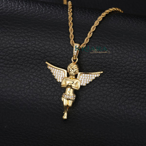 Golden <b>Angel</b> Pendant With Moissanite Wings 925 Silver Gold Plated Religious <b>Charm</b> Unisex Everyday Wear Themed Pendants - Product Image 1