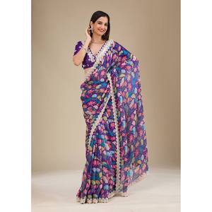 Sari de Diseño Hecho a Mano para Fiestas, con Estampado Floral, Bordado y Lentejuelas, Silueta Recta, Cintura Natural, Hecho de Organza - Product Image 1