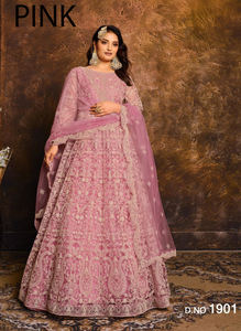 Filet papillon de vêtements indiens et pakistanais avec broderie, costume Anarakali long de travail de miroir avec bordure en dentelle de travail de broderie Dupatta - Product Image 4