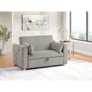 Divano letto trasformabile Marielle 55"W in velluto a coste grigio con porte USB, tasche porta riviste e cuscini - Categoria: Divani letto - Product Image 3