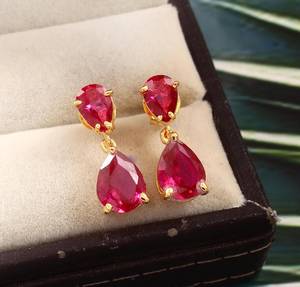 Boucles d'oreilles en rubis du Mozambique, argent sterling 925 plaqué or 14 carats, forme poire, bijoux de mariée, bijoux fins pour femmes - Product Image 1
