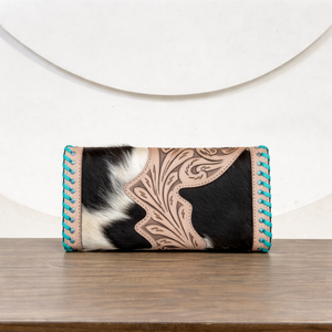 Vintage Deck Of Cards Tooled Leather Cowhide Women Wallet Turquoise Whipstitch Card Holder Clutch Purse Hair-On Zipper <b>Wristlet</b> - Product Image 4