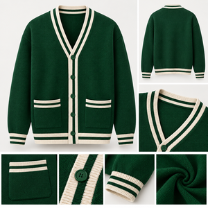 Cárdigan de punto verde con cuello en V para mujer, de acrílico, con bordado de parche de moda, color liso, para invierno, de la hermandad universitaria. - Product Image 2