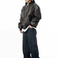 Blouson Bomber en Cuir Noir pour Homme, à Capuche, Fermeture Éclair, Style Streetwear, Coupe Ample, Couleur Unie, Logo sur la Manche Gauche, Idéal pour l'Automne