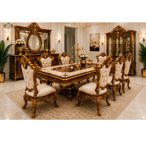 Ensemble de table et de chaises à manger en teck antique traditionnel sculpté à la main, 4 places, meubles de salle à manger de luxe - Product Image 1
