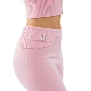 Personnalisé 2025 dames costume tricoté à capuche taille haute à manches longues pantalon à la mode Sexy 2 pièces ensemble bouton motif décoration - Product Image 4