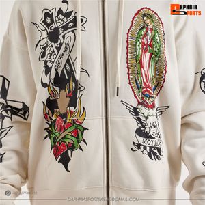Sudadera con capucha blanca con cremallera para hombre, estilo oversize, con estampado de calavera serigrafiado, de felpa francesa de algodón. - Product Image 6