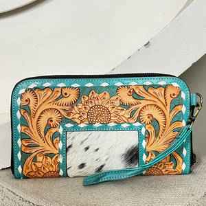 Super September Sunflower Design Mini Bag Genuine Cowhide Hand Tooled Leather <b>Zipper</b> Pattern For Ladies Every Day Use <b>Wallet</b> - Product Image 4