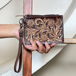 New Designer Hand Tooled Genuine Leather Floral Pattern Western Style Credit <b>Card</b> Holder Luxury Mini Unisex Zipper <b>Wallet</b> - Product Image 2