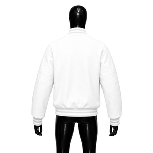 Blouson universitaire blanc personnalisé en gros, coupe droite, couleur unie, fermeture boutonnée, doublure polaire, style décontracté automne, coupe ample, en promotion - Product Image 2