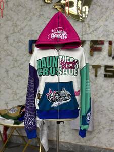 เสื้อฮู้ดซิปแบบแพทช์เวิร์คหลากสีทรงโอเวอร์ไซส์ลายกราฟิกสตรีทแวร์ แขนเสื้อตัดสี ผ้าหนา - Product Image 1