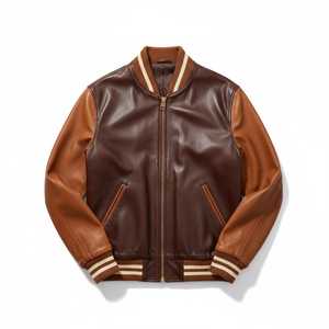 Men's Brown Genuine Leather Bomber Jacket Stand Collar Zipper Closure Windproof Breathable Casual Winter High Street Style Front - Product Image 1