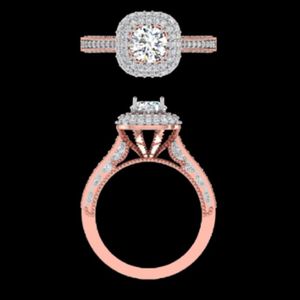 Luxury 1.42ctw Rose Gold Double Cushion Halo Round Diamond Engagement <b>Ring</b> With Triple Row Pave Band And <b>Split</b> Filigree Gallery - Product Image 3