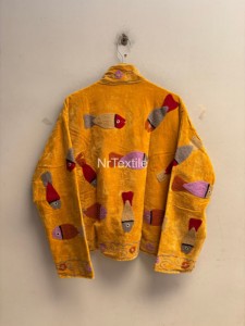 เสื้อแจ็คเก็ตคอจีนกำมะหยี่สีเหลืองพร้อมลายปลาปักมือแขนยาวเสื้อโค้ทผู้หญิงฤดูใบไม้ร่วงความยาวปกติ - Product Image 4