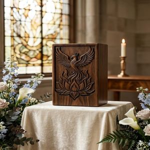 Wooden Funeral Urn Natural Finish Cremation <b>Keepsake</b> <b>Box</b> Carved Phoenix <b>Memorial</b> Urn for Adult Ashes Tabletop - Product Image 4