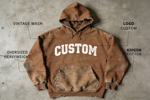 Custom Puff Print <b>Men</b> Hooded Sweatshirt Oversized <b>Pullover</b> Hoodie Washed Fleece Streetwear - Product Image 2