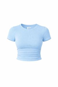 Haut court tricoté bleu clair respirant en Spandex/Coton pour femme, col rond, manches courtes, décontracté, été, froncé à l'avant - Product Image 3