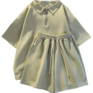 Summer Polo Collar Pajama Set Breathable Loose-Fitting Casual Sporty Short Sleeve Shorts Two-Piece for Women Solid Color Ribbed - Product Image 1