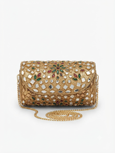 Luxury Round Ethnic Wedding Bridal Gold Metal Handcrafted <b>Pearl</b> and Stone Studded Women Party <b>Clutch</b> Purse - Product Image 3