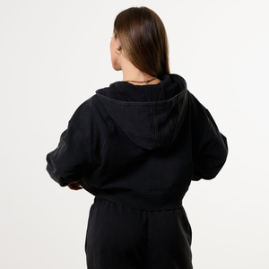 Women's Oversized Black <b>Zip</b>-<b>Up</b> <b>Cropped</b> Sweatshirt Regular Sleeve Knitted Solid Color Breathable Autumn Casual Workout Top - Product Image 2