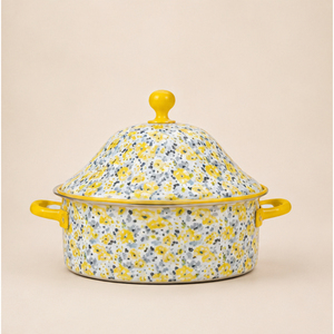 Casserole classique jaune à motifs floraux en émail, pot isotherme à double paroi en acier inoxydable, chauffe-plat vintage à motifs floraux pour la restauration - Product Image 3