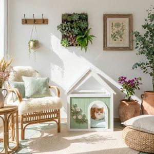 Cuccia per Animali Domestici in Legno di Cedro FSC con Tetto Trasparente e Intagli Floreali, Rifugio Interno per Gatti e Cani di Piccola Taglia, Dimensioni 63,5 x 47,5 x 77,6 cm - Product Image 2