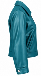Chaqueta de Cuero Sintético Color Verde Azulado para Mujer, Cuello Camisero, Cierre de Cremallera, Manga Larga, Estilo Motero Corto - Product Image 3