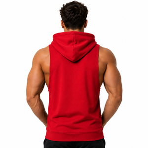 Red Muscle Fit Sleeveless Eco-Friendly Quick Dry Breathable Gym Hoodie for Men Hooded Workout <b>Vest</b> Bodybuilding Fitness Sports - Product Image 5