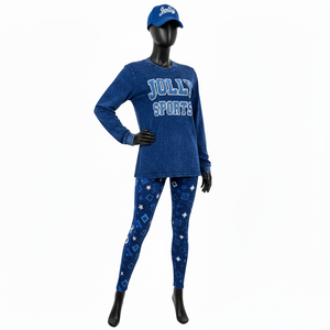 Ensemble haut de gamme pour femmes : t-shirt en coton 200 GSM et legging extensible bleu marine avec logo brodé et impression par sublimation - Product Image 3