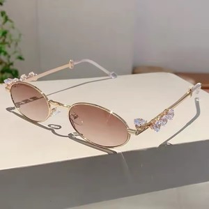 Shades Diamond Oval <b>Sunglasses</b> Unisex Y2K Fashion High-end Rhinestone Metal Retro UV400 PC Lenses Champagne Gray - Product Image 4