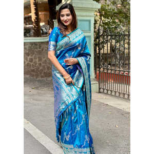 Sari Tejido Banarasi Jaal Azul de Elite Weaves, Seda Suave con Zari, Ropa India y Pakistaní - Product Image 4