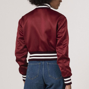 Women's <b>Maroon</b> Satin Varsity Jacket Full Sleeve Stand Collar Button Closure Regular Length Autumn Wear - Product Image 3