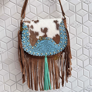 Sac à main à franges en cuir de vachette style occidental avec bordure colorée turquoise Sac à bandoulière Sac à franges bohème Sac à main pour femme - Product Image 1