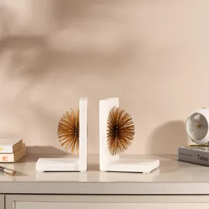 Luxury White Marble Art Deco Engraved Bookends with Gold Starburst Accents for Home Office & <b>Library</b> Display - Product Image 4