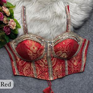 Purvang Global <b>Red</b> Brocade Cotton Choli Embossed Mirror Work Traditional Designer <b>Blouse</b> for Women Wedding Wear India Pakistan - Product Image 1