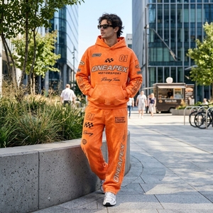 Conjunto Deportivo de Sudadera con Capucha y Pantalones Deportivos Extra Grandes para Hombre, Color Naranja, Estilo Motorsport, One Apex Racing Streetwear, 2 Piezas - Product Image 5