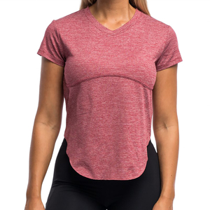 Camiseta de Mujer Roja de Color Sólido con Cuello en V, Ajustada, Informal, de Punto, de Secado Rápido, de Manga Corta, para Primavera/Verano, para Gimnasio - Product Image 1
