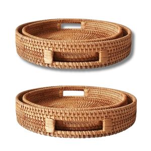Wicker Rattan <b>Basket</b>/<b>Tray</b> Handmade Eco-Friendly Home Decor with Handles Space Saving Multi-Purpose Available in Two Sizes - Product Image 1