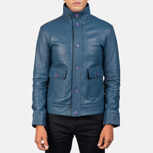 Veste en cuir véritable bleu pour homme de qualité supérieure, col montant, fermeture à boutons, style décontracté, coupe ajustée, longueur standard, idéale pour l'automne - Product Image 1