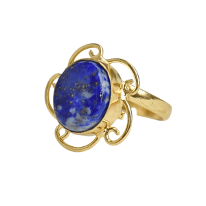Vintage <b>Gold</b> Plated Brass <b>Cocktail</b> <b>Ring</b> With Natural Oval Lapis Lazuli Bezel Setting Unisex Daily Wear Jewelry - Product Image 4