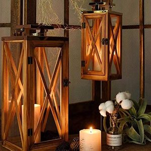Set of 2 Natural Wood Lantern Candle Holders Decorative Hanging Lanterns Farmhouse Table Centerpiece Home Decor - Product Image 3